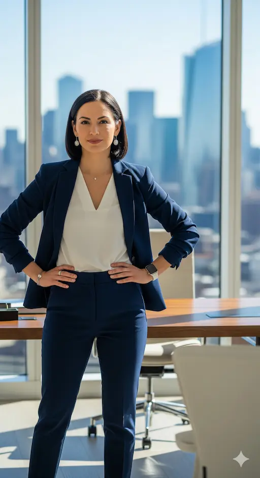 Confident professional woman in a power suit standing in an office, with a North American city skyline behind her, symbolizing business leadership and assertiveness for success