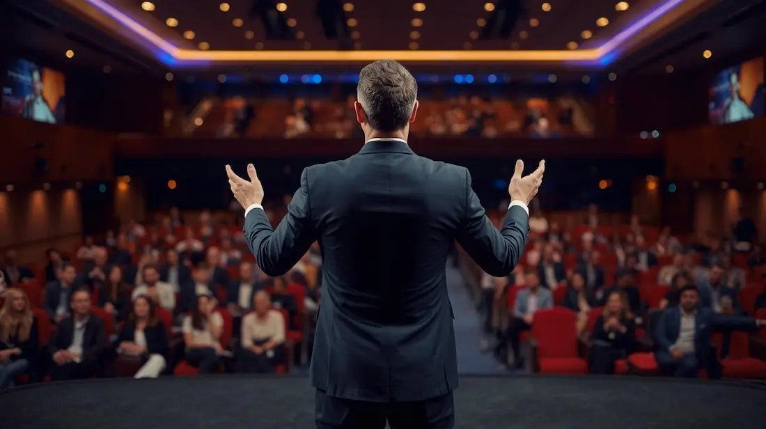 Masterful business presenter on stage delivering a powerful presentation with a "Transforming Challenges into Opportunities" slide, featuring an eagle and growth chart, to an engaged audience. Ideal for corporate events and leadership training.</p>
<p>