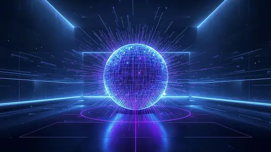 unleash power of ai A vibrant digital sphere of blue and purple light represents the core of AI technology, showing data points connecting globally for SlideVault's AI Mastery Business presentations. This visual symbolizes AI-driven business intelligence, neural networks, and market disruption