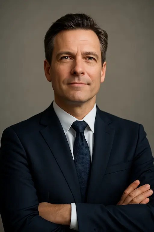 Confident middle-aged professional in a navy suit standing with arms crossed, symbolizing ambition and leadership — representing the drive behind The Ascend AI Lab’s mission to empower professionals through AI education.